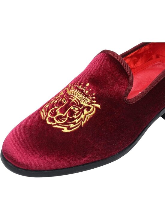 ELANROMAN Men\'s Wine Tiger Velvet Loafers Embroidery Slip on Penny Party Shoes